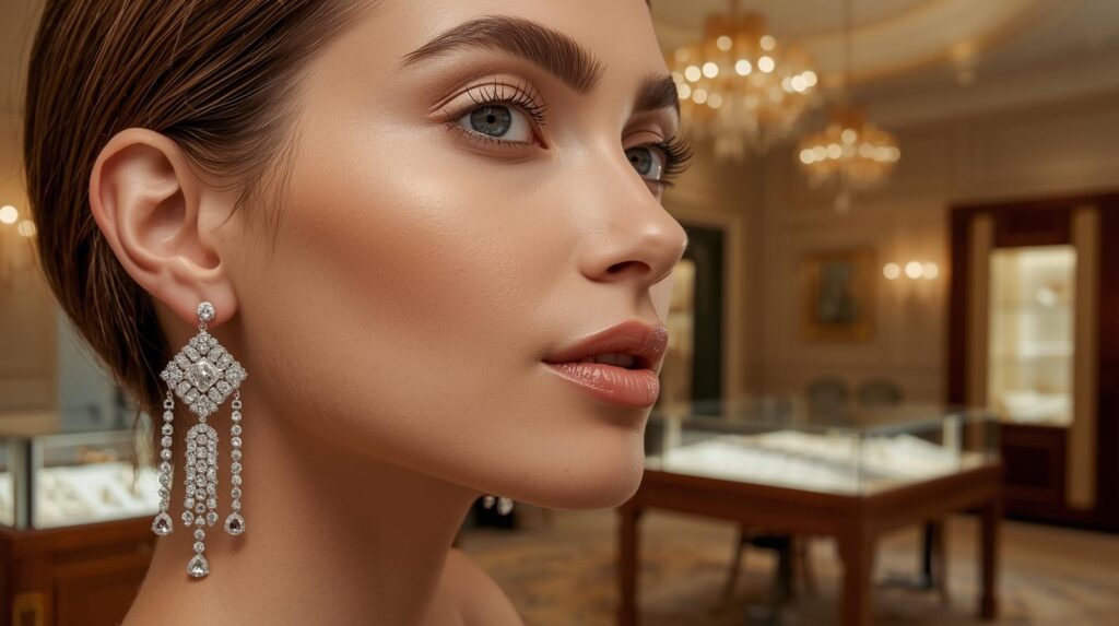 How retailers can use data to pick the best-selling designs_ daimond earrings with model with jewellery store image