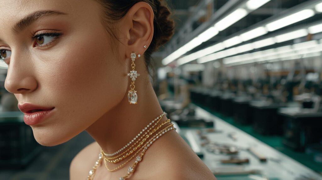 Why is minimalist gold jewellery dominating global markets_ , factory image diamond gold jewellery with woemn model