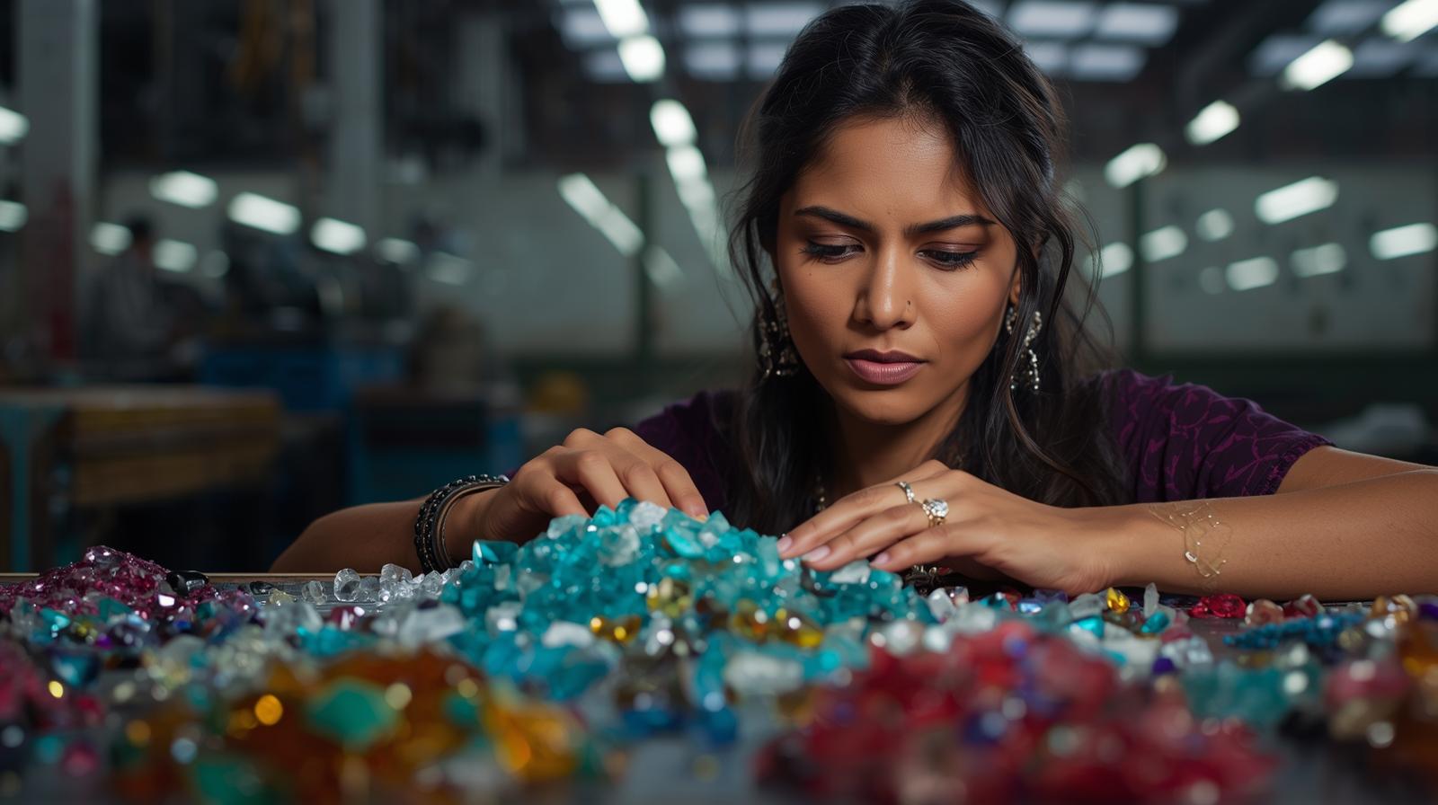 gemstone sourcing impact price and demand in retail, factory image with model women indian